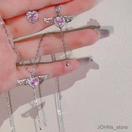 Charm 2024 New Pink Crystal Angel Wings Heart Pendant Necklace Set For Woman Minimalist Chain Necklace Wedding Party Jewelry