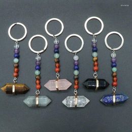 Keychains Natural Stone Rose Crystal Quartz Keychain 7 Chakra Beads Pendant Keyrings Key Ring Bag Accessories Jewelry