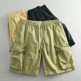 Men's Shorts Vintage Cotton Washed Workwear For Men Summer Casual Loose Elastic Waist 3D Multi Pockets Knee Length Half Pants