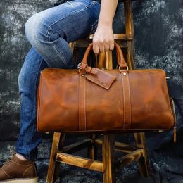 Mens Thick Crazy Horse Leather Travel Bag 20 Cow Duffel Vintage Genuine Luggage Tote Messenger 240419