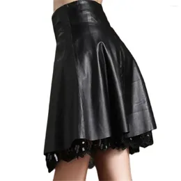 Skirts Leather Skirt Female Above Knee High Waist Pleated Slim Culottes Autumn Winter Soft Pu Lace S-4xl Spring