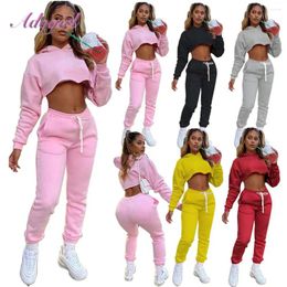 Women's Two Piece Pants Fitness Plain Colour Sets Causal Long Sleeve Crop Tops Hoodies Leggings Drawstring Sweatpants Outfit Active Tracksuit