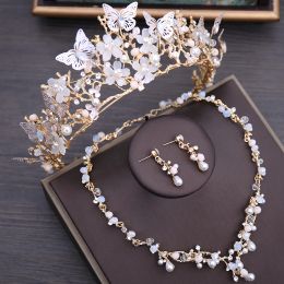 Necklaces Luxury Crystal Beads Pearl Butterfly Costume Jewellery Sets Floral Rhinestone Choker Necklace Earrings Tiara Wedding Jewellery Set