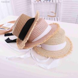 Caps Hats EWODOS Toddler Kids Girls Straw Sun Hat Wide Brim UV Protection Flat Top Sun Cap with Bandage Beach Sun Hat for Kids Girls d240425