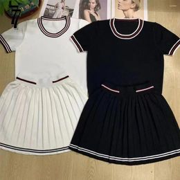 Women's T Shirts 2024 Summer College Knitted Color Contrast Short-sleeved T-shirt Top Pleated Skirt Set Two-piece Explosive Original