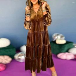 Casual Dresses Vintage Velvet Dress Party V-neck A-line Midi With Long Sleeve Loose Hem Soft Warm Patchwork Solid