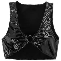 Bras Women Glossy Wetlook Leather Lingerie Sexy Metal Ring Deep U Bra Erotic Porn Crop Tops Bodycon Shiny Sexi Bralette Vest