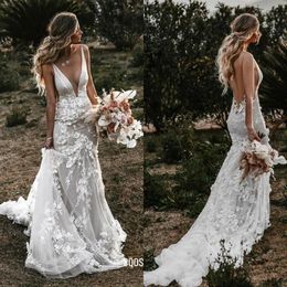 Gorgeous 2024 Lace Mermaid Wedding Dresses Sexy Deep V Neck 3D Floral Bridal Gown Formal Trumpet Dress