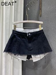 DEAT Trend Contrast Colour Patchwork Denim Skirt Women Hem Burrs High Waist Loose Wrap Hip Skirts Female 2024 Spring 11XX1592 240415