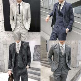 Fashion Striped Korean Slim Fit 2-pieces Blazers+pant Casual Tuxedo Wedding Men Suits Groom Suit Men's Business 201105 's