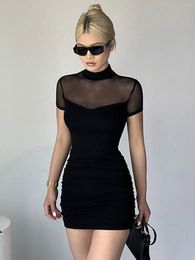 Casual Dresses Ahagaga Sexy Mesh Patchwork See-through Dress Tight Fashion Short Sleeve Turtleneck Sheath