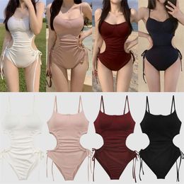 Cargo Swimsuit East Gate Instagram Style Solid Colour Minimalist Drawstring Slimming One Piece Swimsuit Women's Swimsuit