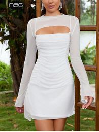 Casual Dresses Asia Mesh Backless Cut Out Mini Dress See-through Long Sleeves Front Ruched Sexy Party Fashion Short