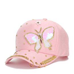 Ball Caps Fashion Baseball Caps Hat for Women Butterfly Diamond Studded Outdoor Baseball Cap Ladies Casquatte Cap Metal Three RSun Hat J240425