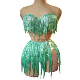 2RMG Stage Wear Sexy Sequins Tassels Tube Bandage Top Two Pieces Set for Women Performance Dress Dance Costume Singer Dancer Show Stage Wear d240425