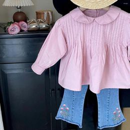 Clothing Sets 2024 Children's Spring Girl's Light Pink Lacing Doll Shirt Embroidered Cowboy Bell Pants Baby Girl Clothes