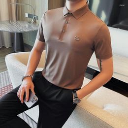 Men's Polos High Quality Elastic Polo Shirts For Men Business Formal Wear Short Sleeve Plain Color Shirt All Match Slim Fit Tees