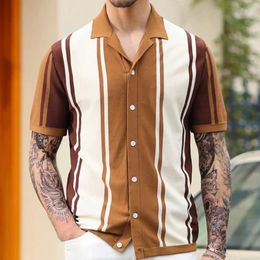 Men's Polos Striped Button Front Knit Top Summer Contrast Color Cardigan Short Sleeve Lapel Collar Knitwear Vintage Outdoor T-Shirt