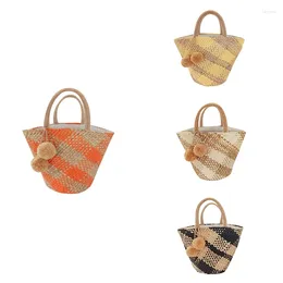 Drawstring Plaid Straw Bag Women 2024 Vintage Handmade Weave Large Basket Round Nature Tote Beach Rattan Holiday Leisure