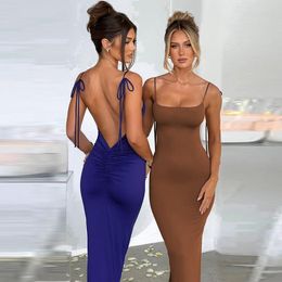 Womens Summer Sexy Backless Pleated Slim Solid Colour Strap Dress Wholesale