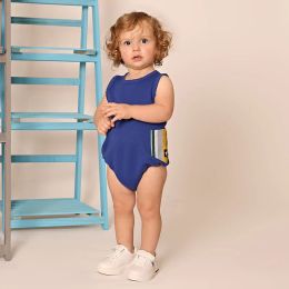 One-Pieces AABaby romper blue knitted denim sleeveless side striped pocket baby boy & girls clothes baby overall round neck family set