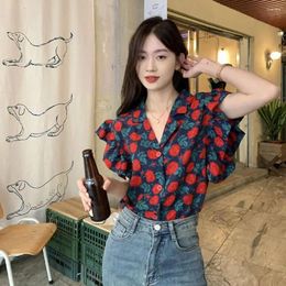 Women's Blouses Turn-down Collar Women Flower Blouse Classic Button Up Spring Summer Ruffle Sleeve Shirt Red Rose Hawaii