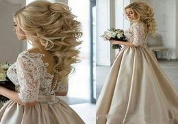 2019 Elegant Champagne Wedding Dresses Sheer Neck Half Sleeves Appliques Lace Satin Long Wedding Gowns See Through Back Vintage Br3217420