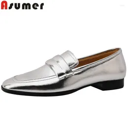 Casual Shoes ASUMER 2024 Size 33-41 Slip On Genuine Leather Woman Square Toe Spring Flats Ladies Solid Loafers