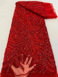 High Quality African red Handmade Beaded Lace Fabirc Sewing sequins Embroidery Nigreian Lace Fabric Women Wedding Dress 240417