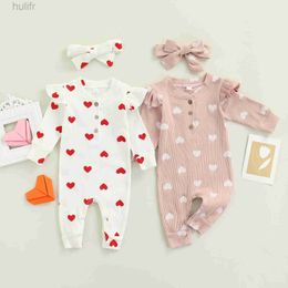 Rompers Infant Baby Girls Two-piece Clothes Set Heart Print Long Sleeve Crew Neck Romper and Bow Knot Headdress Pink/ White d240425