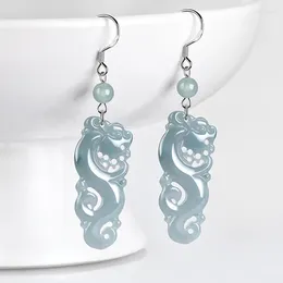 Dangle Earrings High End S925 Silver Inlaid Natural A-grade Jadeite Blue Water Imitation Ancient Dragon Jade Women's Gifts Jewellery