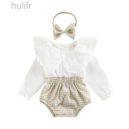 Rompers 2Pcs Baby Girl Fall Outfit Plaid Patchwork Lace Doll Collar Long Sleeve Romper + Hairband Set for Infants 0-18 Months d240425