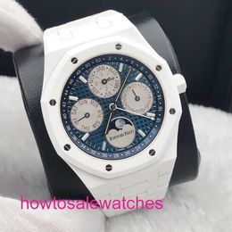 Luxury AP Wristwatch Royal Oak Series 26579CB White Ceramic Blue Dial Back Through Perpetual Calendar Men's Fashion Leisure Business Sports Mechanical Watch