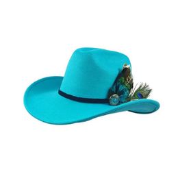 Wide Brim Hats Bucket Hats Fashion Feather Cowboy Hats Winter Women Hat for Gentleman Jazz hat Cowgirl wide brim fashion Felt Fedora Hat sombrero hombre Y240425