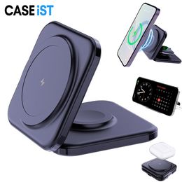 CASEiST Foldable 3 in 1 Wireless Charger Pad Magnetic 15W Fast Charging Station Qi Mobile Stand Holder Travel Mount Tablet Bracket For iPhone AirPods iWatch Android