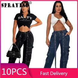 Women's Jeans 10 Wide-leg Cargo Women 2024 Bandage Full Length Pockets Denim Pants Y2k Bulk Items Wholesale Iots Casual Wear S12001