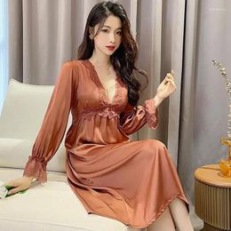 Women's Sleepwear Women Nightdress Satin Lace Sleep Dress Long Sleeve V-neck Nightgown Loungewear Robe Kimono Summer Dressing Gown