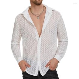 Men's Casual Shirts Lace Perspective Sexy Shirt Hollow Mesh Long Sleeved Lapels Social Dress For Men Tops Clothing