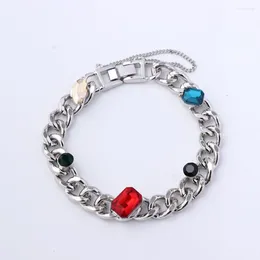 Link Bracelets Hip Hop Bling Square Blue Red Gem Crystal Cuban Chain Men's Bracelet Necklace For Women Jewellery