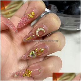 False Nails Handmade Pink Glittery Y2K Fake Nail With Glue Detachable Luxury Tips Reusable Press On Coffin Manicure Art Drop Delivery Dhf8O