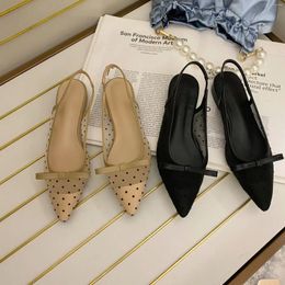 Casual Shoes Women's 2024 Polka Dot Chunky Heel Graceful Pointed Toe Shallow Mouth Slimming Baotou Bow Women