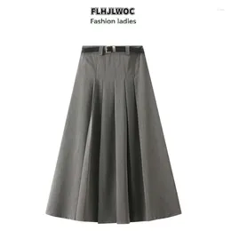 Skirts Long With Belt 2024 Spring Chic Korea Fashion Design Solid Retro Grey Black High Waist Pleated Skirt