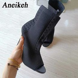 Boots 2023 Spring Autumn Knitted Stretch Fabric Ankle Boots Peep Toe Thin High Heel Sexy Cut-Out Shoes Classics Booties Black H240425