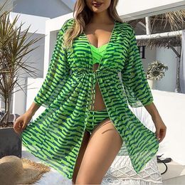 Women's Swimwear Striped Print High Stretch 3 Piece Set Swimsuits Bathing Suit With Kimono Cover Up Teen Girl Swimming