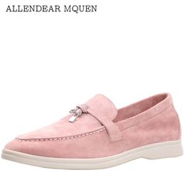 LP Soft soled suede women's loafers 2024 New style single shoe slip-on wedge heel Metal buckle pink real leather casual fashion