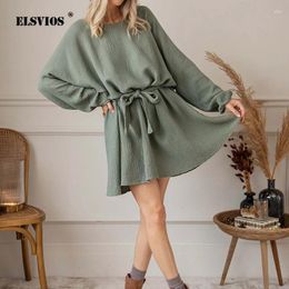 Casual Dresses Autumn Winter Fashion Elegant Womens With Waist Drop Shoulder Sleeve Loose Lace Up Long Commuter 2024