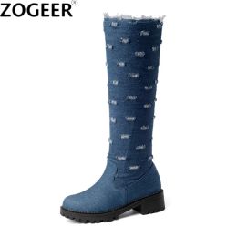 Boots Blue Black Jeans Boots Autumn Winter Shoes Women Knee High Boots Denim Casual Low Heels Sexy Round Toe Fur Warm Shoes Female