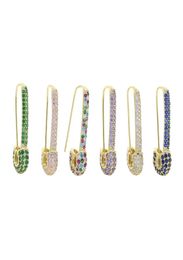 Whole Rainbow Colourful Wedding Earring Paved White Pink Green Blue Cz Unique Paperclip Safety Pin Stud Earings Women Fashion J4798736