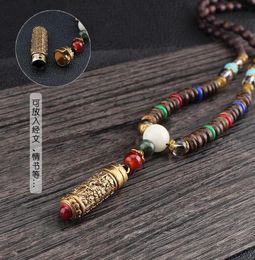 Ethnic Style Nepal Gau Box Six Words Of Truth Wooden Buddha Bead Chain Simple Long Vintage Necklace Pendant Necklaces7361444