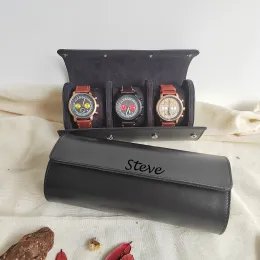 Cases 3Slot Watch Roll Travel Case Personalized Watch Case Custom Leather Watch Box for Him Engraved Travel Watch Box Men's Gfits